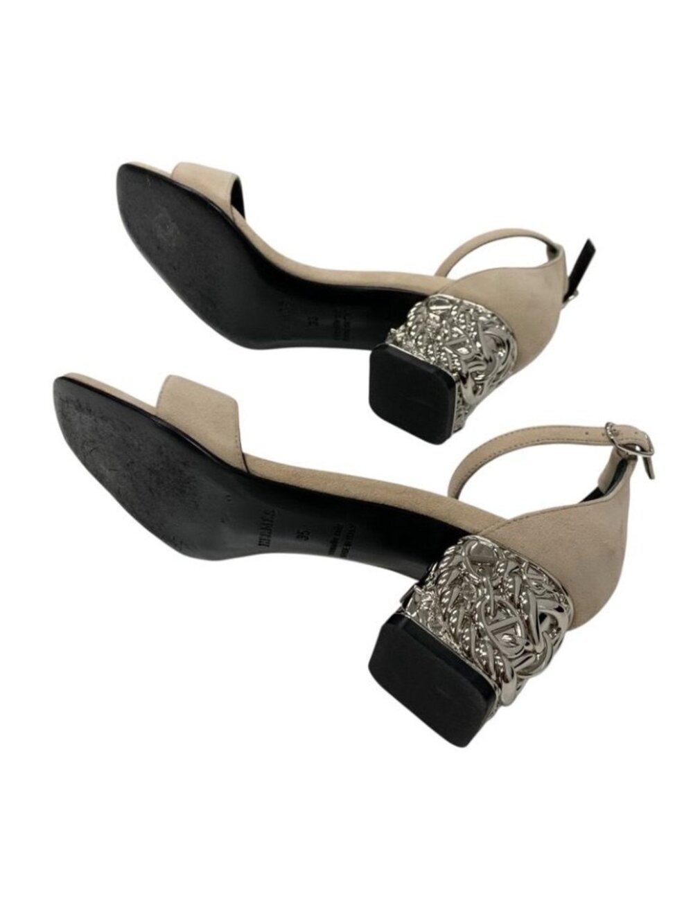 Hermes Gram 60 Sandals Shoes Suede Beige Silver Chaine D'ancre Metal Heel Strap - Picture 7 of 11